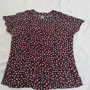 Black Button-Down Shirt with Pink Leaf Print
